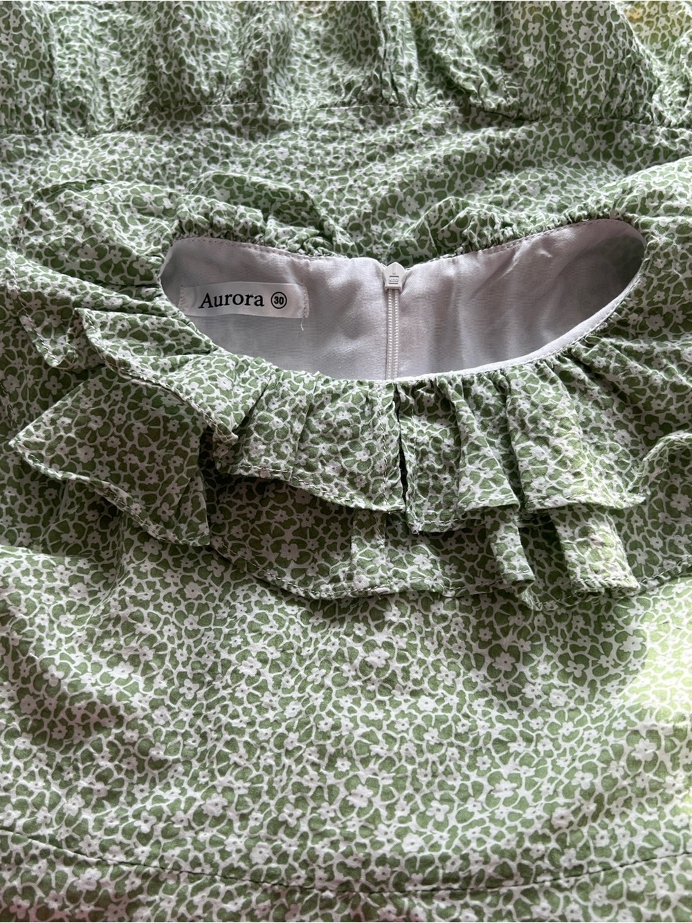 Aurora European Boutique Green Floral Ruffle Dress 100% Cotton Lined Size 6 30 - Picture 8 of 11